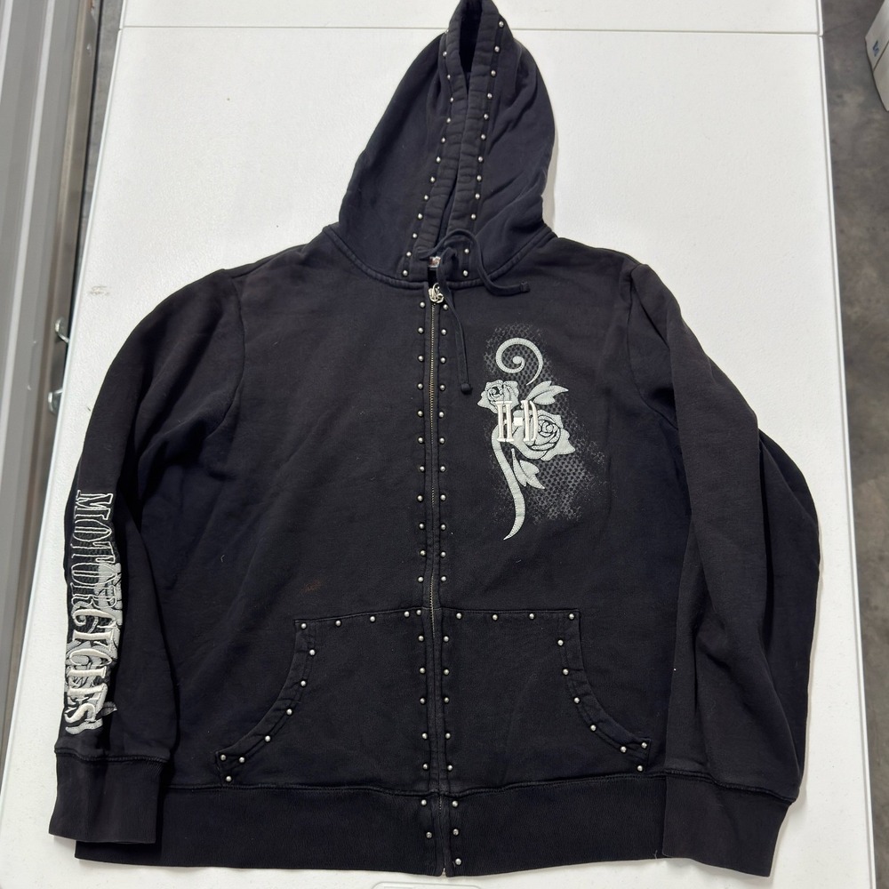 Harley davidson Zip Hoodie Womens L Black Good Studded Rose Graphic Motorcycles